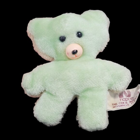 VTG 80s Napco Small Teddy Bear 2 Sided Green Beige 4.5" Miniature Pastel Korea - Picture 2 of 8